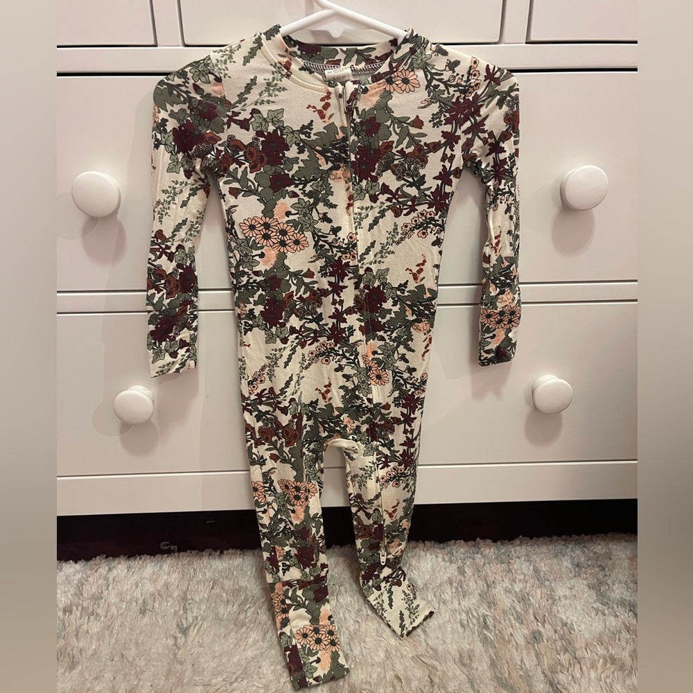 Kate Quinn Floral Kids Bamboo Romper/Pajama (open foot) - Cream and Red 6-12mo